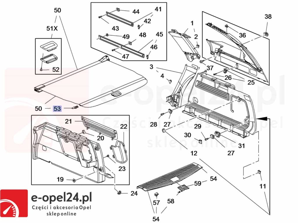 Rysunek - Ślizg prowadnica prawa czarna rolety bagażnika Opel Astra J IV - 2345571 / 13431183
